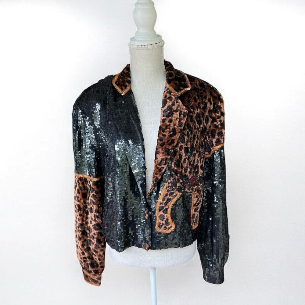 🌻Vintage MODI Exotic Leopard Jeweled Beaded Silk Jacket Circa 1980s Size Medium - Picture 3 of 12